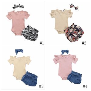 Baby Kleding Meisjes Effen Rompertjes Strik Denim Shorts Hoofdband Kleding Sets Kids Jumpsuit Bloemen Gedrukt Shorts Haarband Suits PY614