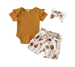 Vêtements pour bébés nouveau-né bébé filles coton biologique imprimé fleuri à manches courtes body Shorts 2 pièces tenues ensemble de vêtements été New8317885