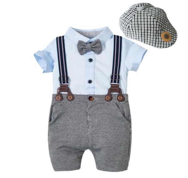 Vêtements de bébé nouveau-né garçons barboteuse costume coupe à carreaux bleu ciel barboteuse Shorts ceinture coton nouveau-né été garçon vêtements Kb8067 G10234184761