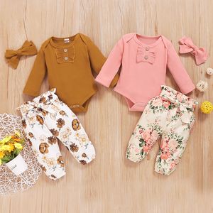 Bébé Vêtements Nouveau-Né Filles Fleur Imprimer Vêtements Ensembles À Manches Longues Barboteuse + Pantalon Floral + Bandeaux 3pcs / set Boutique Enfants Tenues M2509