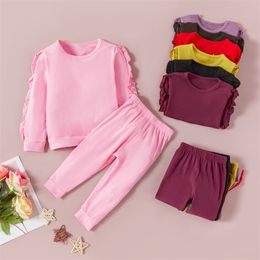 Babykleding ruche kleding sets jongens meisjes lange mouw top broek pakken kinderen solide katoenen kleding outdoor sportkleding B959 372 Y2