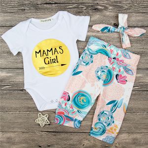 Bébé Vêtements Ensemble 3PCS Mamas Fille Tenues 2018 Été À Manches Courtes Coton Body Barboteuse + Pantalon Long + Bandeau Costumes Enfants Enfants Vêtements