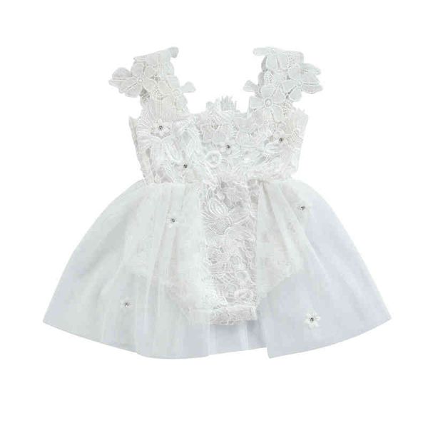 Vêtements de bébé Robe d'été Combinaison de couleur unie en dentelle au crochet col carré sans manches jupe barboteuse pour les filles en bas âge 0-24 mois G1221