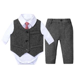 Babykleertjes Vest Outfit Pak Formele Jongen Set Stropdas Boog Witte Romper voor 9 12 18 24 Maanden Party verjaardag Kid Gentleman Kleding G1023