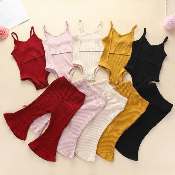 Vêtements pour bébés enfants fille bretelles rayées couleur unie pantalon à cloche tenue en pur coton enfants filles vêtements tenue d'été 2 pièces/ensemble ZYY291