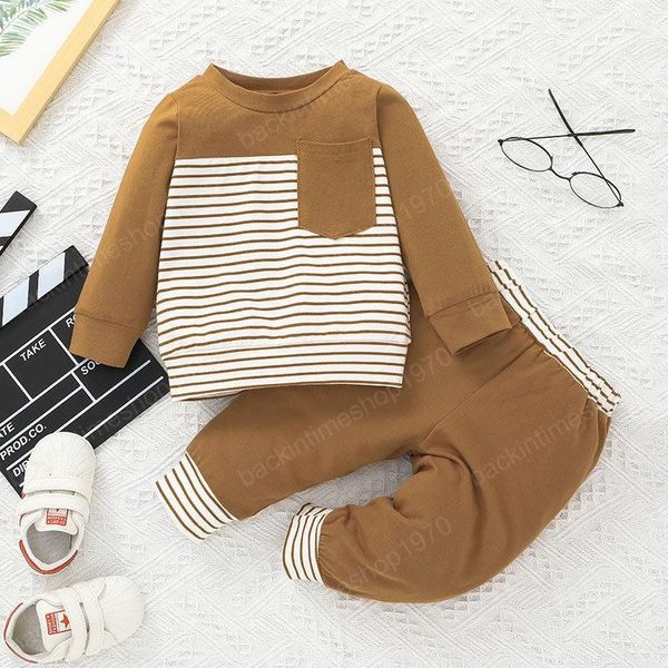 Ensemble de vêtements pour bébé, hauts à poches à rayures + pantalons, tenues d'automne 2021, vêtements de boutique pour enfants 0-2T, costume décontracté en coton à manches longues pour bébés garçons