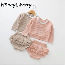 Conjunto de ropa de bebé Traje de dos niñas Tejido 0-2 años Blusa de manga larga de algodón + Pantalones cortos de hoja de loto 210702