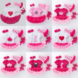 Babykleding Sets zuigelingen Jumpsuits Girls Rompert Kinderkleding Kortjes met korte mouwen Katoen roze jurken 4 stuks Kleding Set Eerste wandelschoenen E6DS#