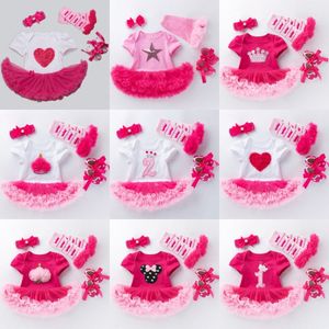 Babykleding Sets zuigelingen Jumpsuits Girls Rompert Kinderkleding Kortjes met korte mouwen Katoen roze jurken 4 stuks Kleding Set Eerste wandelschoenen 07RT#