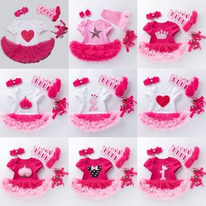 Babykleding Sets zuigelingen Jumpsuits Girls Rompert Kinderkleding Kortjes met korte mouwen Katoen roze jurken 4 stuks Kleding Set Eerste wandelschoenen A2YE#