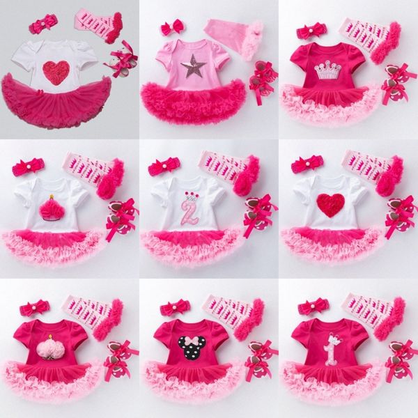 Conjuntos de ropa para bebés Bebés Monos Niñas Mamelucos Ropa para niños Manga corta Algodón Rosa Vestidos rosa 4 piezas Conjunto de ropa Primeros zapatos para caminar f2IY #