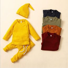 Baby kleding sets solide gebreide drie-delige sets baby winter lange mouw tops broek met cap jongen meisje outdoor warme outfit sets byP107