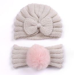 Gorro de ganchillo para bebé, gorro de punto con cabeza de turbante, diadema para bebé, gorro holgado, gorros para niñas lindas, gorro con lazo para bebé, pompón de bola de piel, diademas con pompón