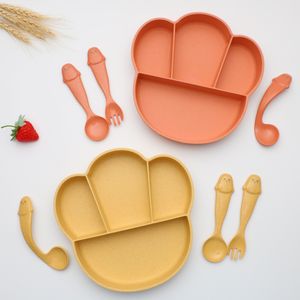 Bébé Mignon Bol + Cuillère + Fourchette Alimentation Vaisselle Dessin Animé Enfants Plats Manger Gadgets Vaisselle Ensemble Anti-chaud Formation Plaque 20220307 Q2