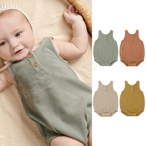 Baby Designer kleding jongens rompreren wafel mouwloze solide bodysuits meisjes zomer casual boetiek jumpsuits dunne knopen onesies pasgeboren klimkleren