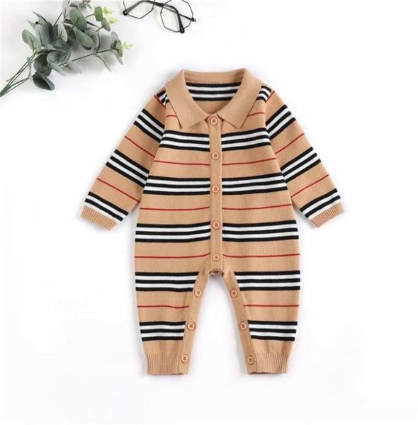 Bébé Designer Vêtements Mode Garçon Stripe Revers Barboteuse Infantile Revers Manches Longues Combinaisons Nouveau-Né Enfants Tricot Pull Onesie S7205381461