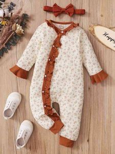 Baby Ditsy Floral Fored Flounce Sleeve Jumpsuit Hoofdband Zij