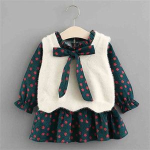 Babyjurk set lente baby kleding schattige kinderen kind prinses strik flora jurk + bont vest pakken voor meisjes 0-4 jaar 210625