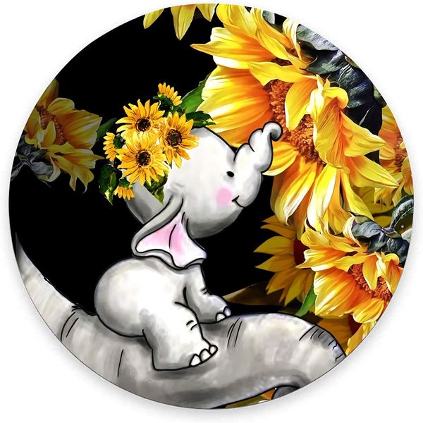 Bébé éléphants avec tournesols tapis de souris rond mignon tapis de souris de jeu étanche base en caoutchouc antidérapant tapis de souris 7.9x0.12 pouces