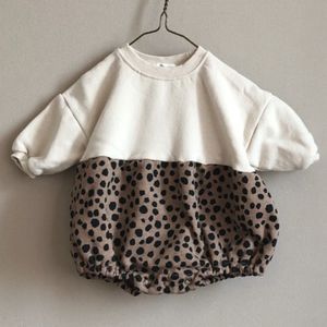 Baby Mode Luipaard Patchwork Bodysuits Infant Baby Girl Fleece Thicken Lange Mouw Kleding 0-2Y 210508