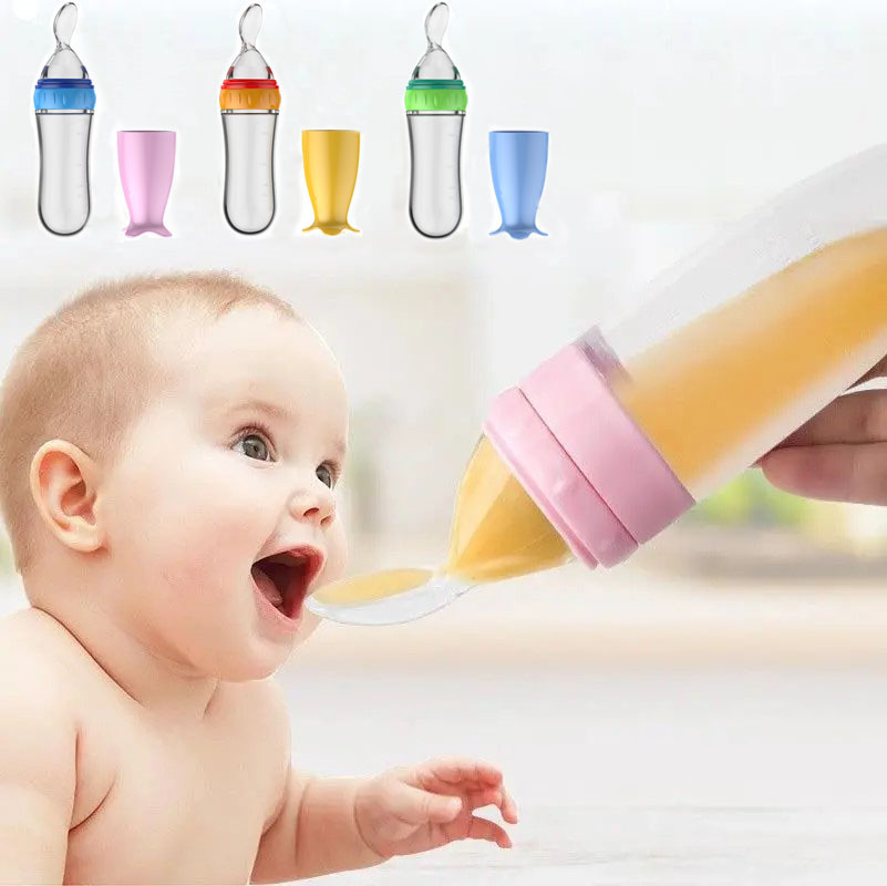 Baby Feeding Bottle Cups Baby Feedings Spoon Infant 90ml Squeezing Spoons Cereal Food Feed Spooned Kids Silicone Gadgets