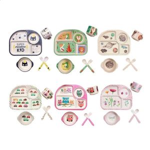 Plaque de bol d'alimentation pour bébés fourchette cuillère fourche 5 pcs / ensemble d'enfants table de table de bambou fibre d'enfants