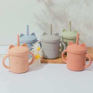 Baby voeding drinkware straw cup kinderen leren voeder flessen anti-hot lekvrije siliconen servies peuter waterfles 20220921 e3