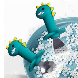 Babyvoeding Gebruiksvoorwerpen Lepel Vork Set Siliconen Handschakel Cartoon Dinosaur-servies Zuivere Warmtebestendige roestvrijstalen lepel Hoofdbestek 20221005 E3