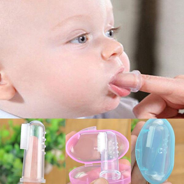 Cepillo de dientes de silicona para dedos de bebé + caja de dientes para niños, cepillo de dientes de silicona suave transparente para bebés, limpieza de goma
