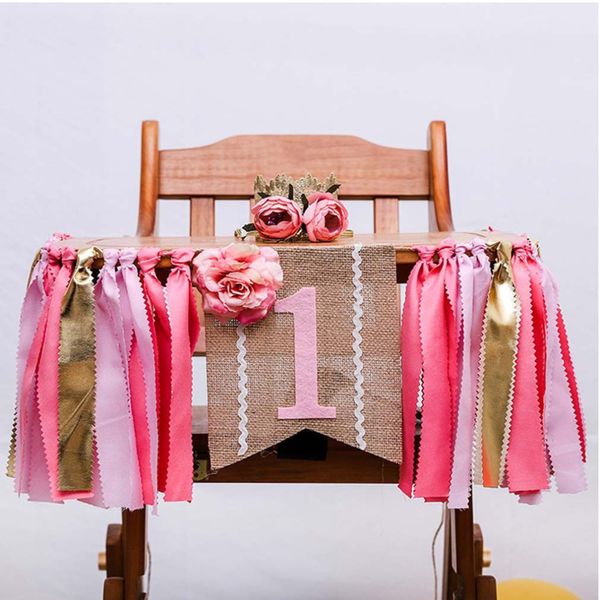 Bannière de chaise rose pour premier anniversaire de bébé, décoration de fête de 1er anniversaire, fournitures de banderoles pour garçon et fille