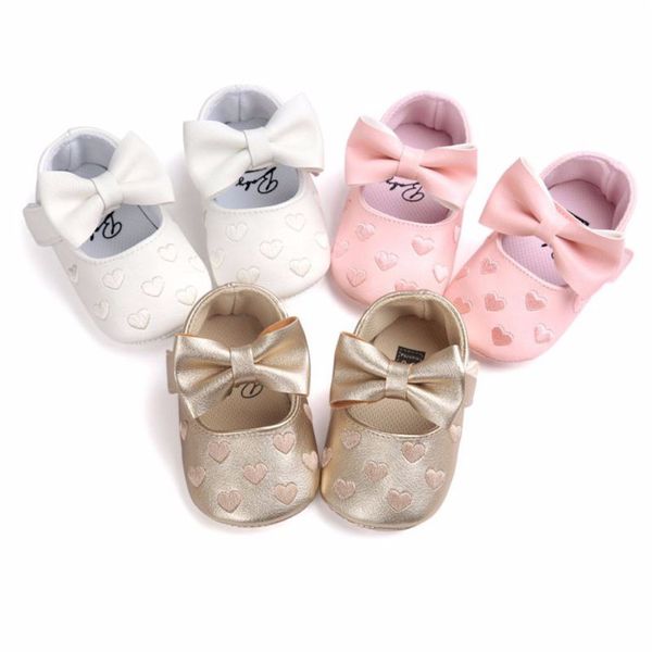 Chaussures de premiers pas pour bébés filles, baskets en PU avec nœud de princesse et cœur aimant, semelle de berceau à nœud papillon