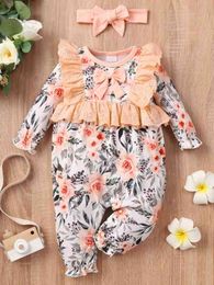 Baby Floral Print Flounce Sleeve Ruffle Trim Bow Jumpsuit Zij
