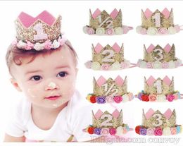 Baby Flower Kids Headbands Girls Lindas Tabras Diadema de cumpleaños recién nacidos Accesorios Crown Accesorios Princesa Party Sparkle Hair Glitter K7910251