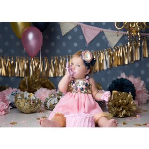 Fête d'anniversaire de bébé fille photographie toile de fond imprimé à pois nouveau-né enfants enfants gris foncé Photo Studio arrière-plans