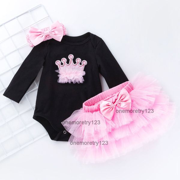 Jupe barboteuse noire pour bébé fille de 1er anniversaire, 3 pièces/ensemble, robe de princesse pour nouveau-né de 0 à 24 mois, haut en coton, jupes Tutu