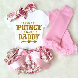 Babymeisje 4 stks kleding sets zuigelingen ins onesies romper + floral shorts + hoofdband + legging set Ik vond mijn prinses zijn naam is papa