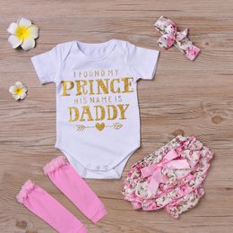 Baby meisje 4 stks kleding sets baby ins romper + floral shorts + hoofdband + leggings set Ik vond mijn prinses zijn naam is papa K041