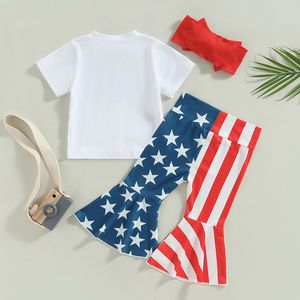 Baby Girl 4 juli Outfit Korte mouw T-shirt Top American Flag Bell Bottom Pants Set Zomerkleding