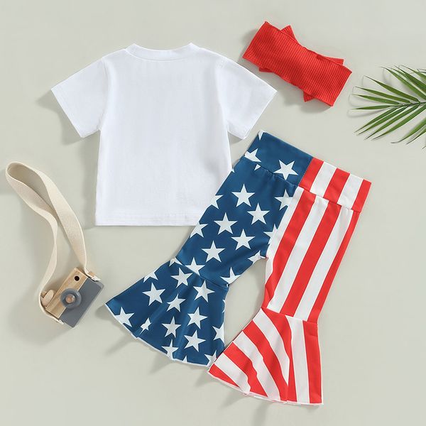 Bébé fille 4 juillet tenue t-shirt à manches courtes t-shirt top top pantalon de cloche de drapeau américain ensemble vêtements d'été