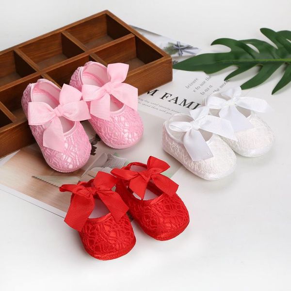 Zapatos de bautismo para niña, zapatos de vestir de princesa con lazo de suela suave, antideslizantes, para bebés de 0 a 12 meses