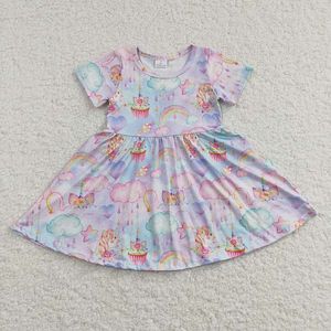 Baby Girl Birthday Summer Twirl Dress Mangas cortas Arco iris Unicornio Ropa Niños Infantes Venta al por mayor Boutique Ropa para niños pequeños