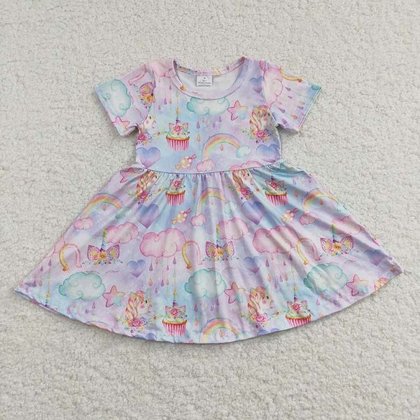 Bébé fille anniversaire été Twirl robe manches courtes arc-en-ciel licorne vêtements enfants infantile vente en gros Boutique enfant en bas âge vêtements