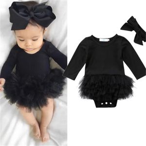 Baby meisje zwarte jumpsuit + hoofdband 0-24 M pasgeboren baby en peuter lente en herfst casual effen strakke jumpsuit 240116