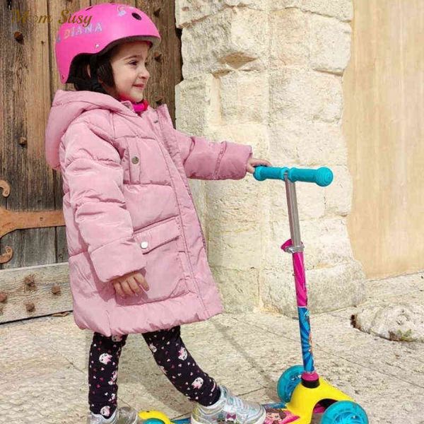 Baby Girl Boy Chaqueta con capucha de invierno Chaqueta acolchada de algodón para niños Traje de nieve largo de color caramelo sólido con bolsa Ropa de niño cálido 3-12Y J220718