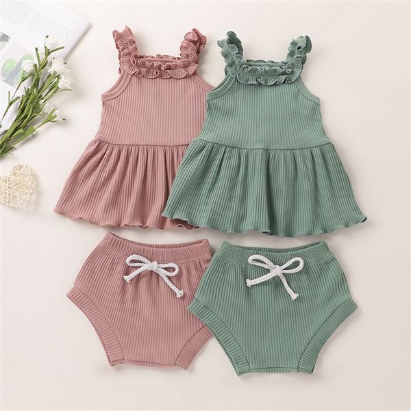 Conjuntos de ropa para bebés y niñas, camisola con borde de volantes de verano, chaleco de escalada de Color sólido, pantalones cortos, traje 23kk H1