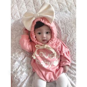 Baby Meisje Kleding Grote Boog Hooded Cap Bodysuit Geboren voor Kinderen Kostuum Kinderen Toddler Katoenen Herfst Winter Jumpsuit 210429