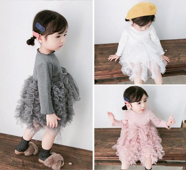 Baby Girl Clothes Big Bow Toddler Cousage des coutures robes en mailles à manches longues princesse tutu robe mignonne filles tenues boutique bébé vêtements 9023565