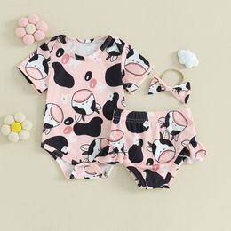 Baby Girl Clothes Cow Imprimer à manches courtes à manches tricots Bodys Bodys Shorts Set Set Tenue d'été
