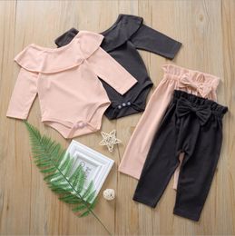 Baby meisje kleding baby meisjes ruche rompertjes boog broek 2 stks set solide pasgeboren outfits boutique babykleding 3 kleuren DW4695