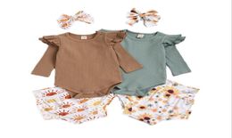Babymeisje kleren kinderen lange mouw solide rompers zonnebloem geprinte driehoek ruche boetiek jumpsuits casual onesie kinderen 3pcsset 2574008